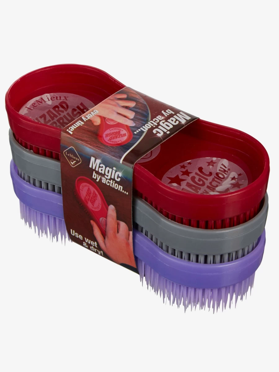 LeMieux Wizard Brush Trio - Burgundy, Grey & Purple Horse Grooming Brushes for All Coat Types