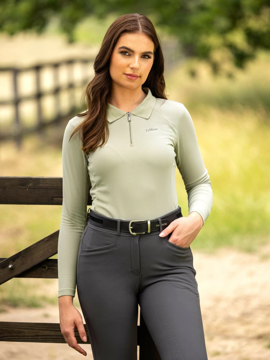 LeMieux Men's Performance Long Sleeve Polo Shirt - Moisture Wicking Athletic Golf Tennis Fern Green Top