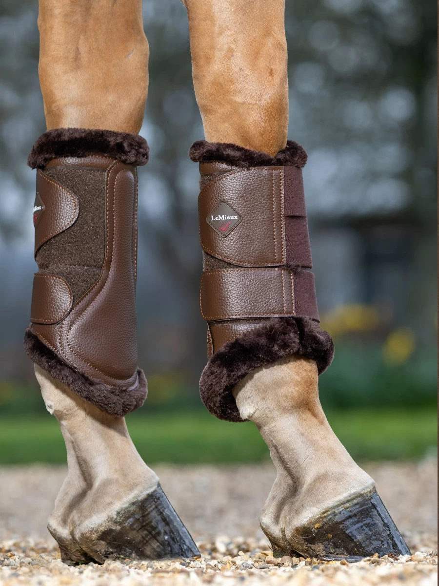LeMieux Fleece Lined Brushing Boots for Horses - Warm Brown Equine Leg Protection