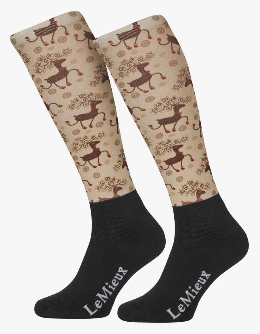 LeMieux Prancing Reindeer Footsie Socks - Cozy Holiday Socks for Women & Men