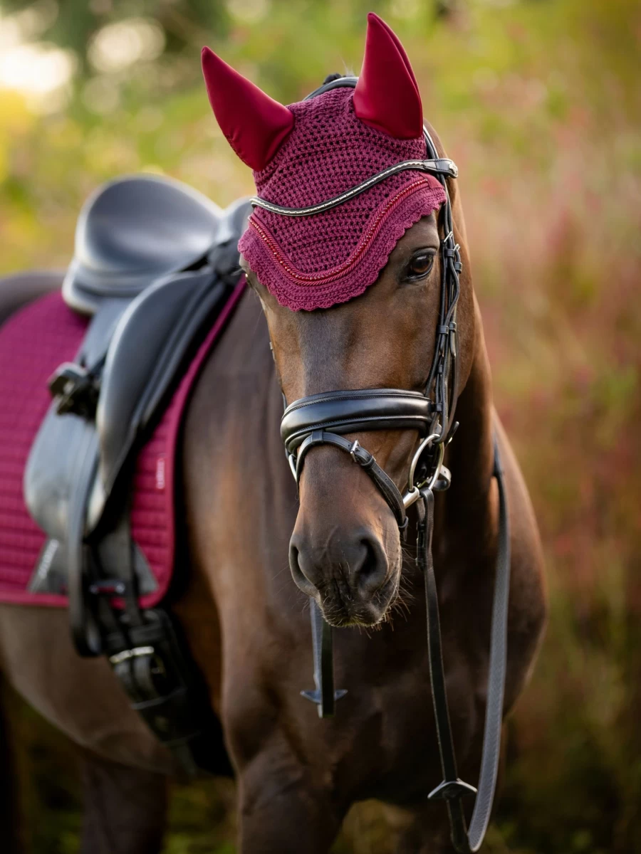 LeMieux Diamante Acoustic Fly Hood Burgundy - Breathable Horse Fly Mask with Crystal Embellishments