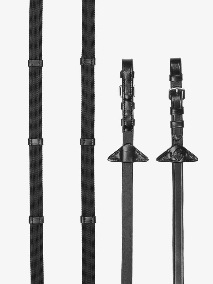 LeMieux Black/Silver Rubber Grip Continental Horse Riding Reins for Enhanced Control