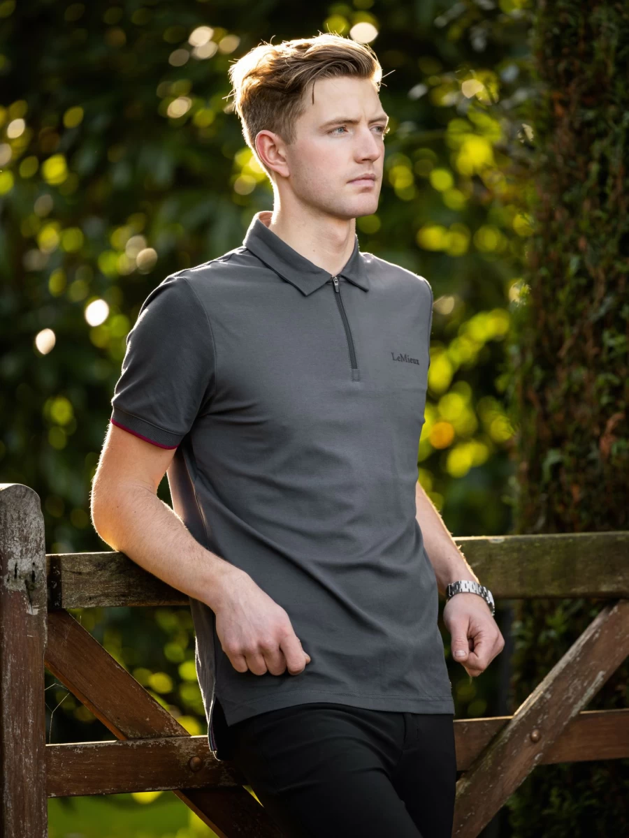 LeMieux Men's Elite Performance Zip Polo Shirt - Charcoal Grey, Moisture-Wicking & Breathable Golf Tennis Top