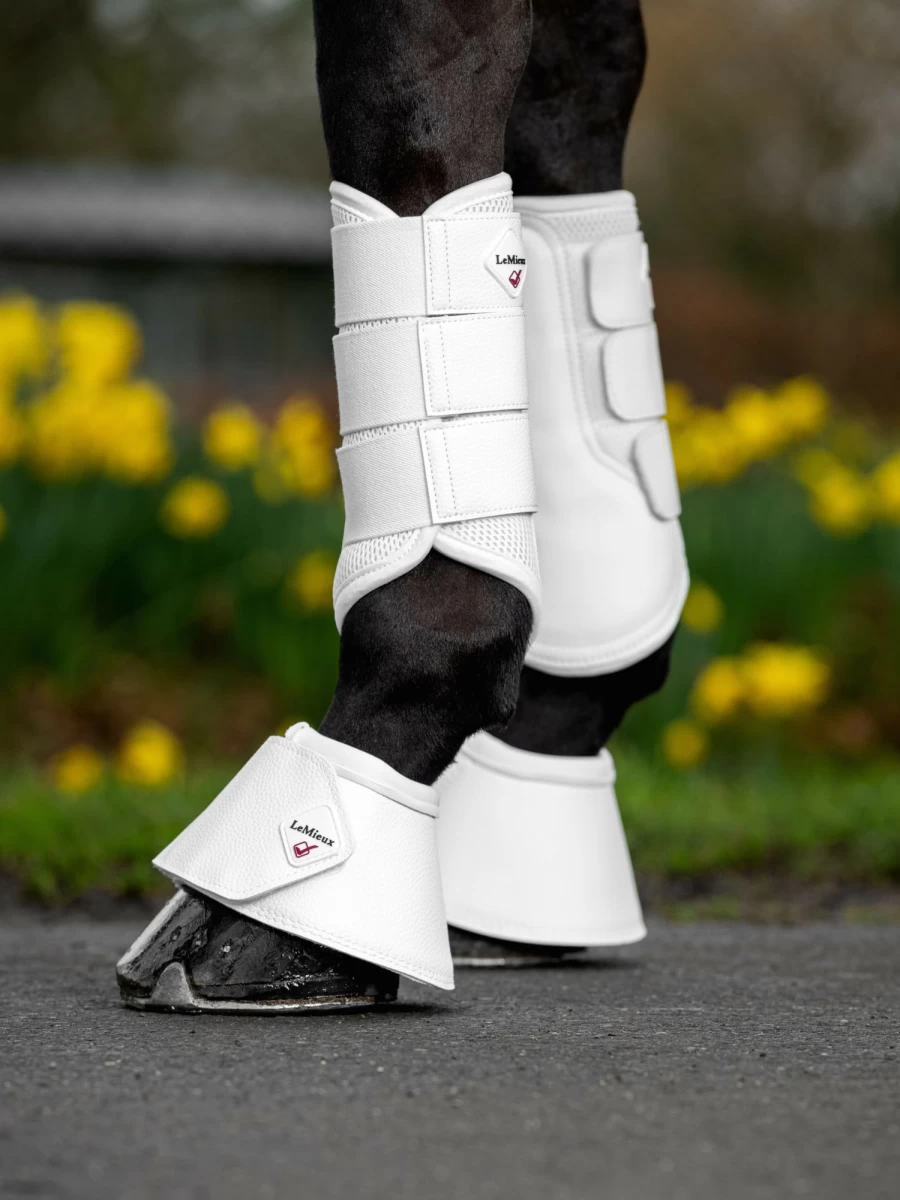 LeMieux White Leather Wrapround Over Reach Boots for Horses