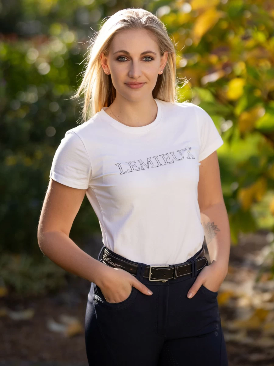 LeMieux Women's White Diamante Embellished T-Shirt | Stylish Rhinestone Casual Top