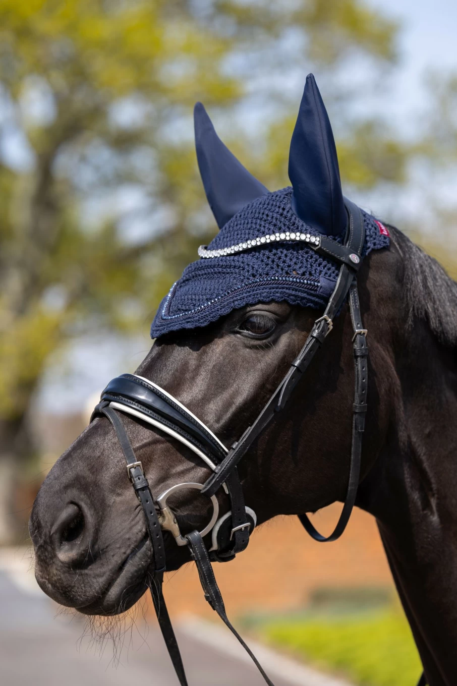 LeMieux Diamante Acoustic Fly Hood in Navy – Breathable Horse Fly Mask with Crystal Embellishments