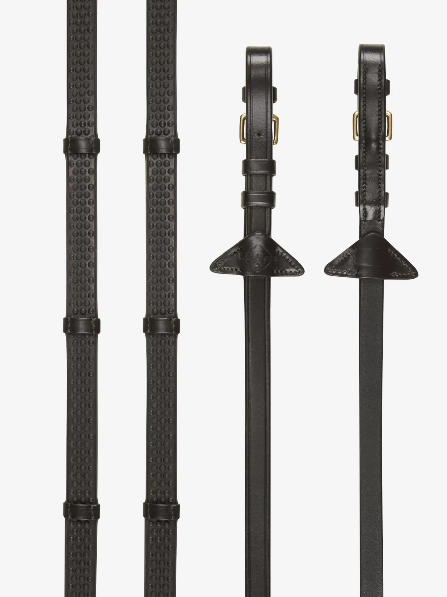 LeMieux Soft Rubber Horse Reins with Stoppers - Durable Brown Leather & Brass Accents for Equestrian Riding